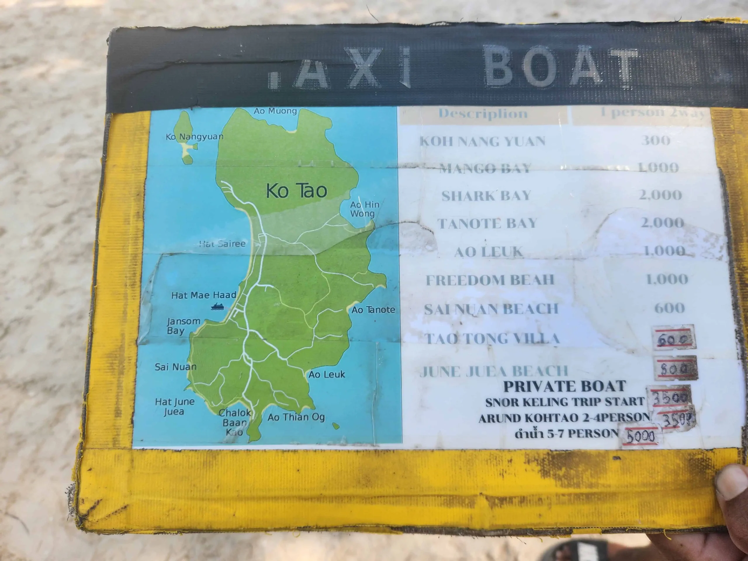Longtail boat taxi map and snorkeling trip prices around Koh Tao