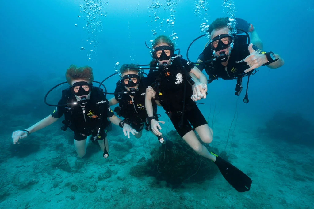 Small group of divers underwater during continuing training